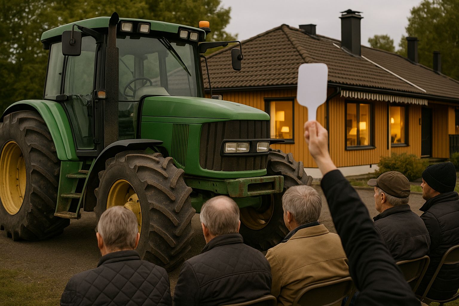 Människor budar på traktorer vid en auktion, en man i förgrunden har sin hand uppe.