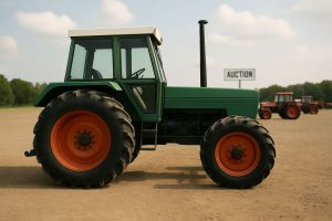 Många traktorer uppställda på en gårdsplan, redo för auktion.